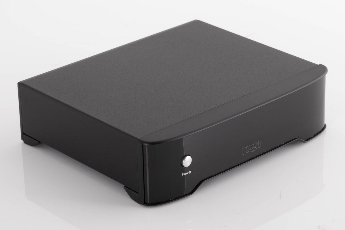 Front left corner of a used Rega FONO MM Phonostage in a Black finish
