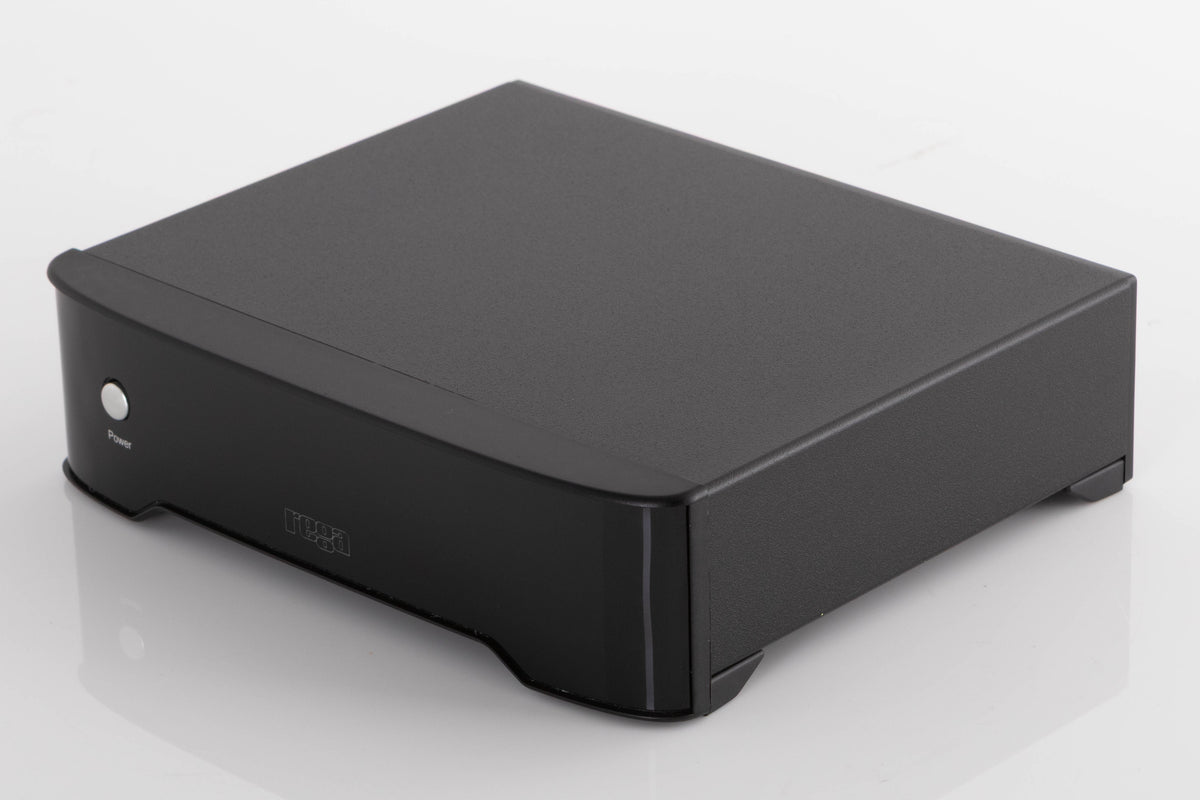 Front right corner of a used Rega FONO MM Phonostage in a Black finish