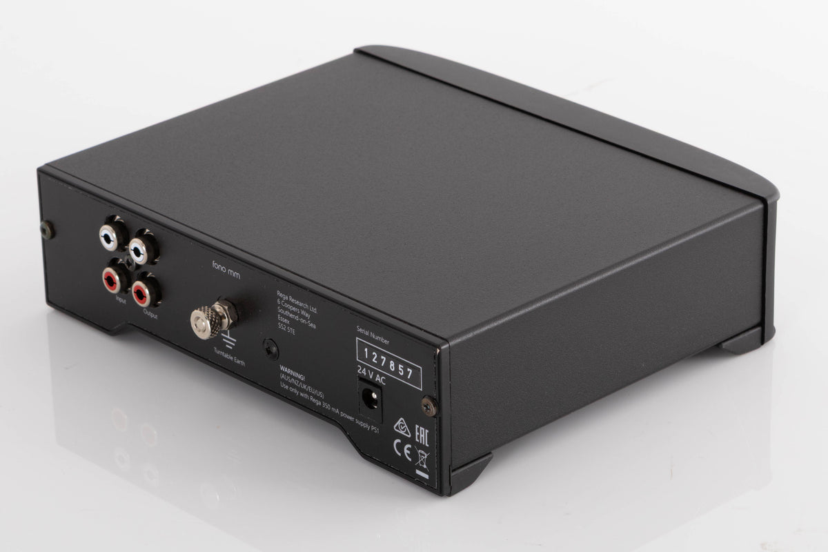 Rear left corner of a used Rega FONO MM Phonostage in a Black finish