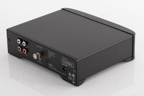 Rear left corner of a used Rega FONO MM Phonostage in a Black finish