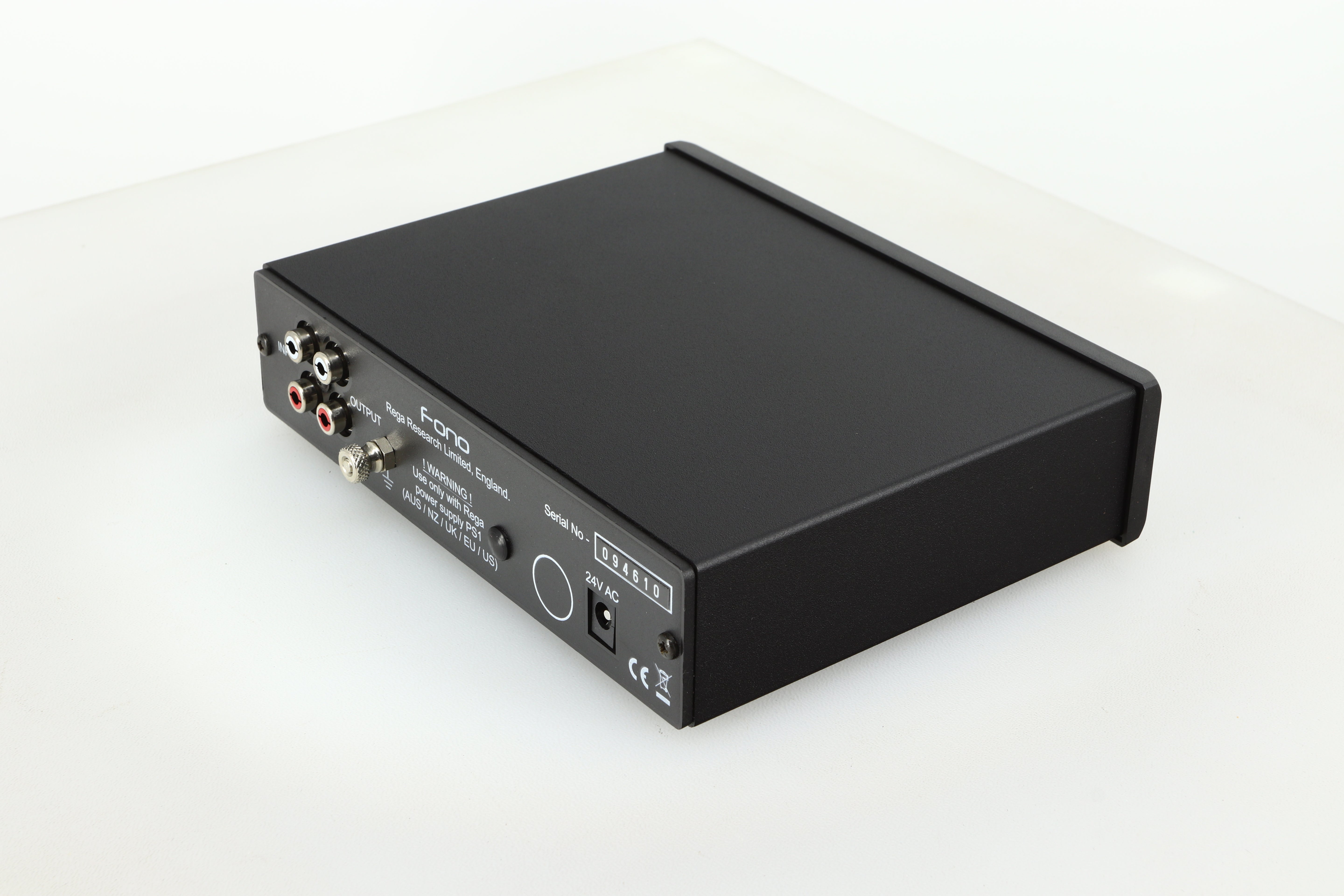 Rear left corner of a used Rega FONO MM Phonostage with a black finish