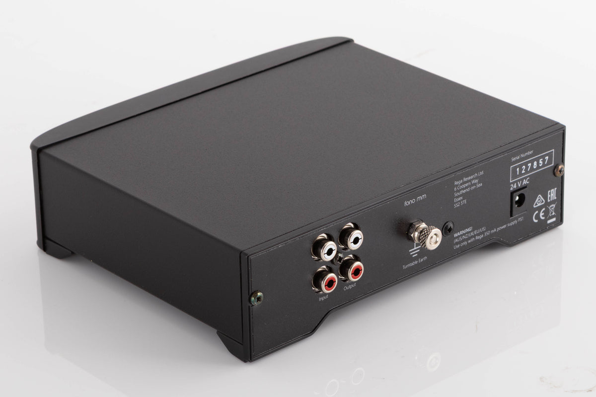 Rear right corner of a used Rega FONO MM Phonostage in a Black finish