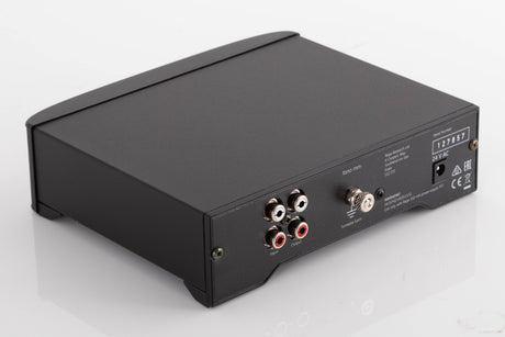 Rear right corner of a used Rega FONO MM Phonostage in a Black finish