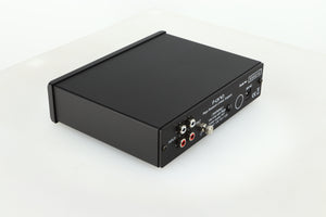 Rear right corner of a used Rega FONO MM Phonostage with a black finish