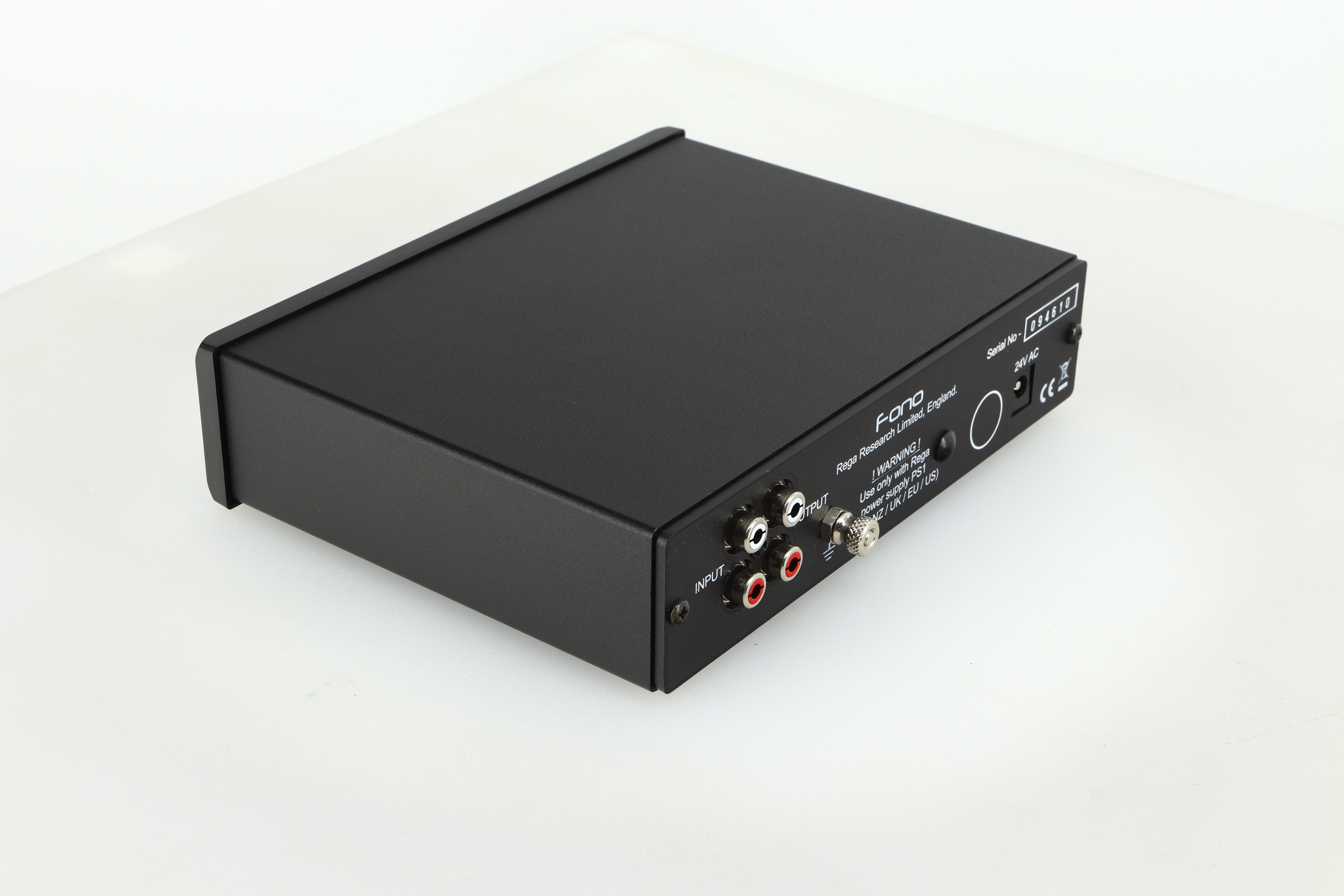 Rear right corner of a used Rega FONO MM Phonostage with a black finish