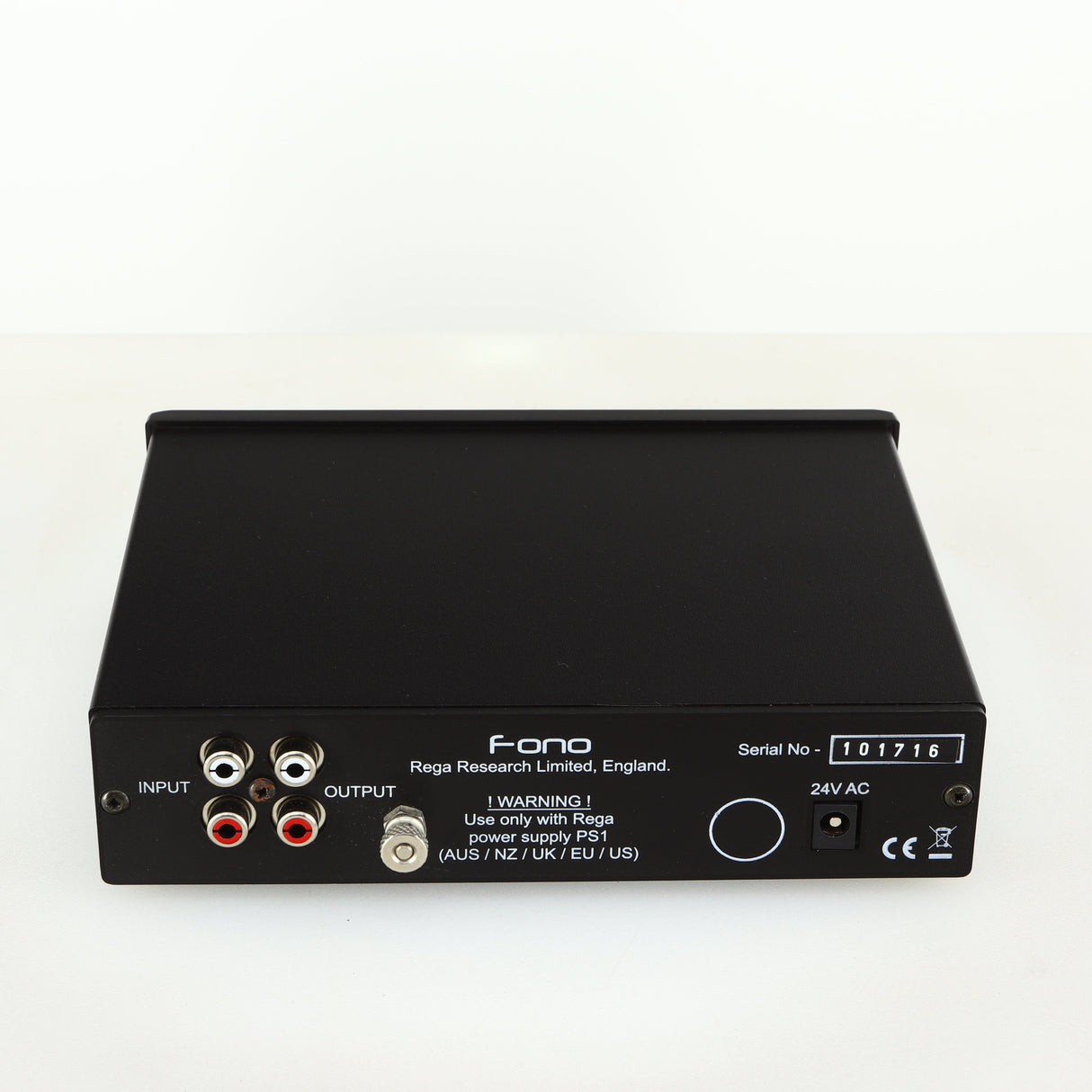 Rear view of a used Rega FONO MM Phonostage in a black finish with Phono Inputs