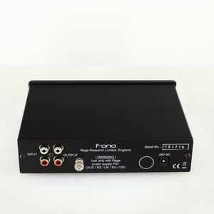 Rear view of a used Rega FONO MM Phonostage in a black finish with Phono Inputs