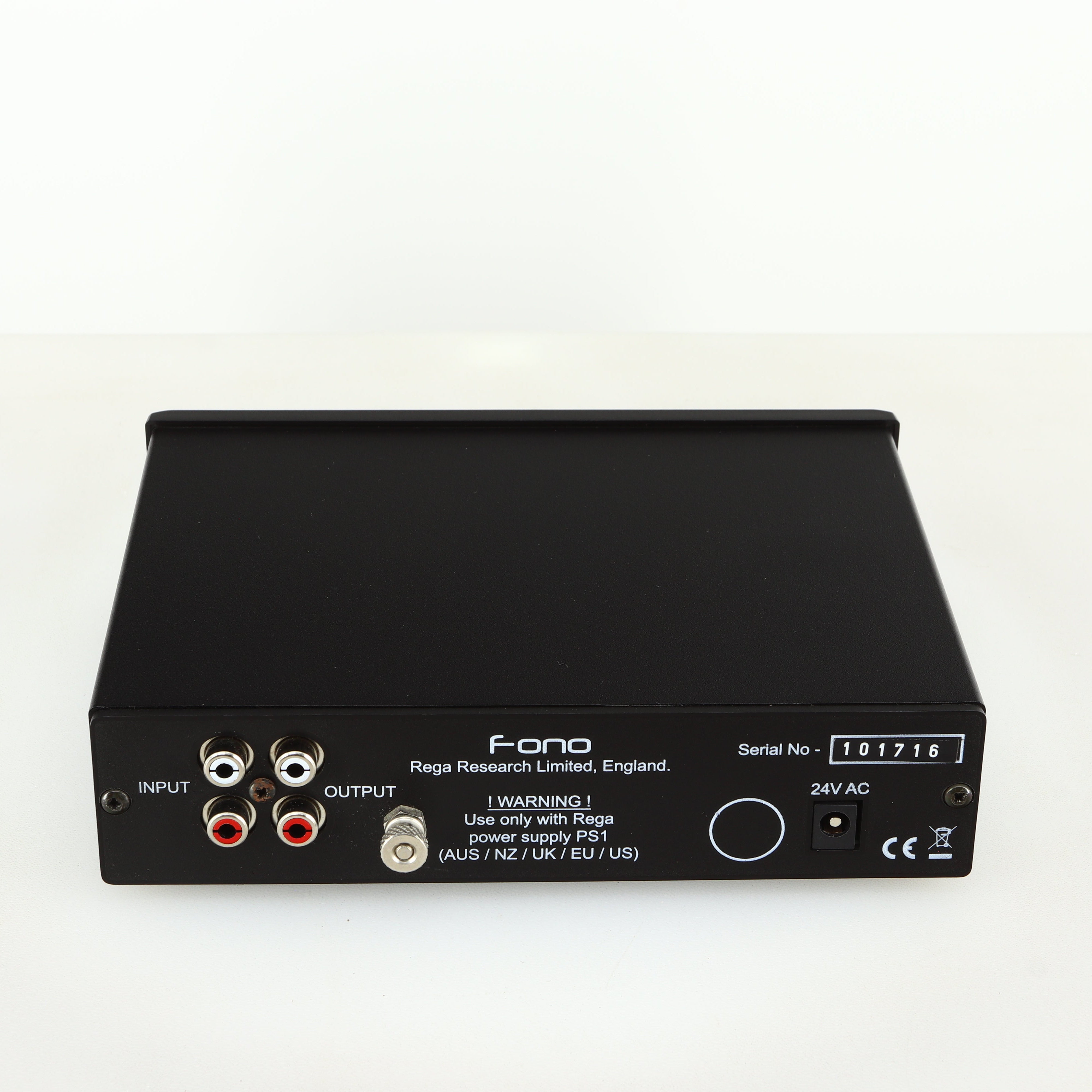 Rear view of a used Rega FONO MM Phonostage in a black finish with Phono Inputs