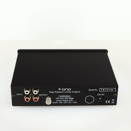 Rear view of a used Rega FONO MM Phonostage in a black finish with Phono Inputs