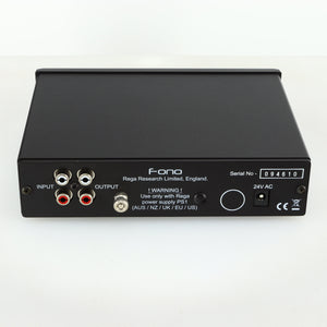 Rear view of a used Rega FONO MM Phonostage with a black finish showing Power Input and Phono Inputs and Outputs