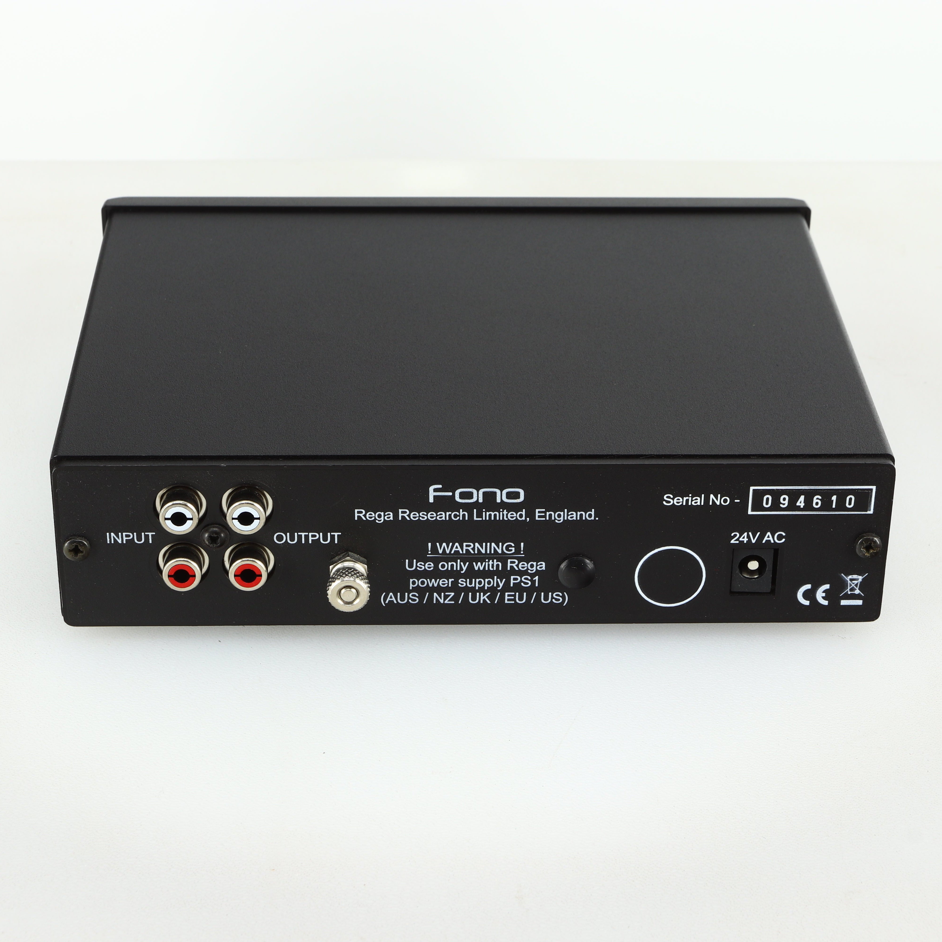 Rear view of a used Rega FONO MM Phonostage with a black finish showing Power Input and Phono Inputs and Outputs
