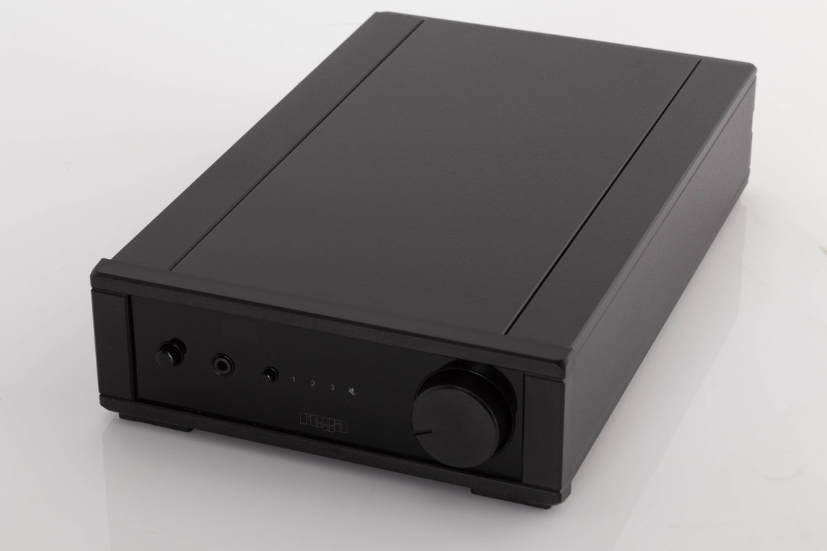 Close up of a used Rega IO Integrated Amplifier in a Black finish showing screen