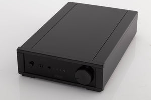 Close up of a used Rega IO Integrated Amplifier in a Black finish showing screen