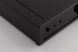 Front left corner of a used Rega IO Integrated Amplifier in a Black finish