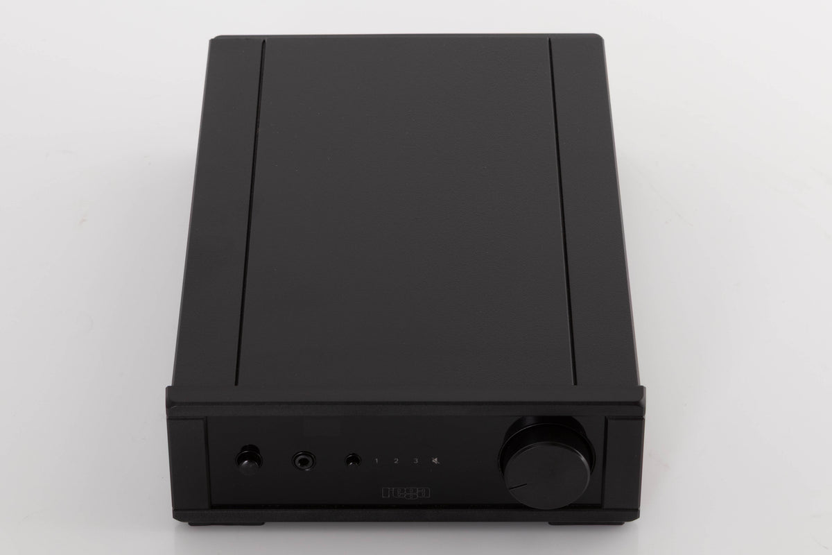 Top of a used Rega IO Integrated Amplifier in a Black finish