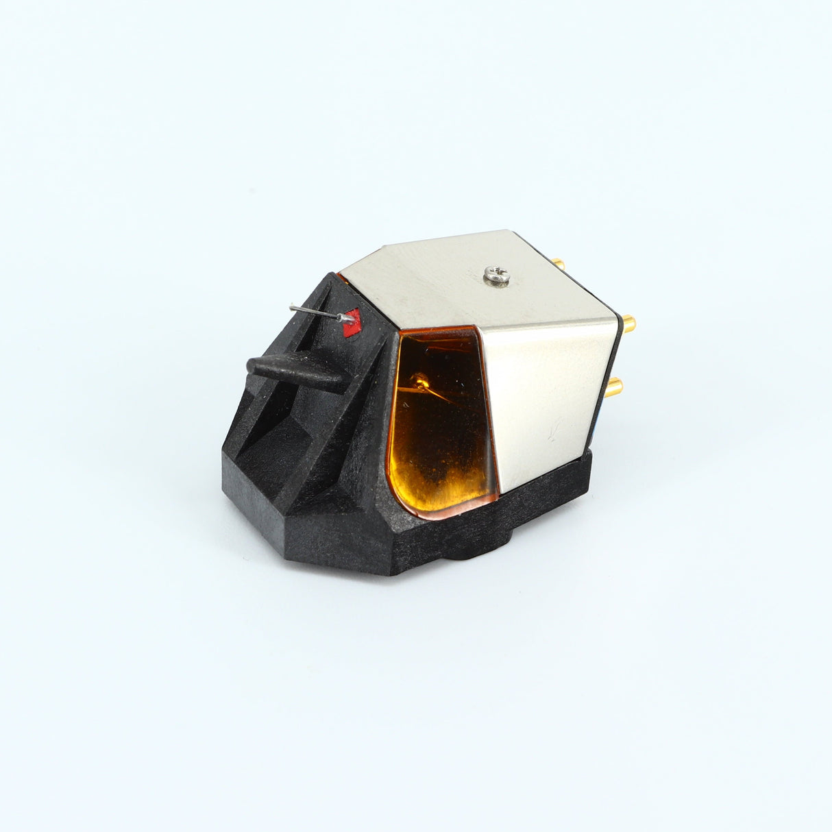 Front right angle of a used Rega ND9 Moving Magnet Cartridge in a silver finish