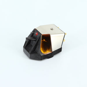 Front right angle of a used Rega ND9 Moving Magnet Cartridge in a silver finish