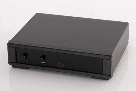 Close up of a used Rega NEO Turntable Power Supply in a Black finish showing screen