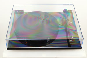 Top view of a used Rega Planar 1 ECO Turntable in Black Gloss finish with lid