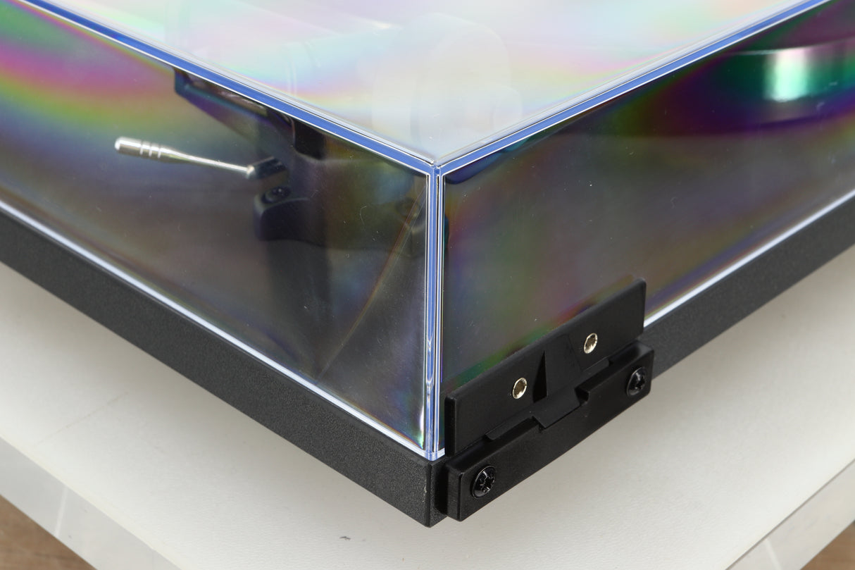 Rear left corner corner view of a used Rega Planar 1 Plus Turntable in Matt Black 