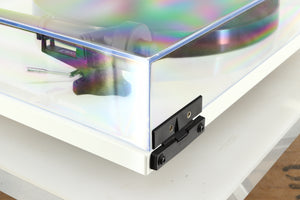 Rear right corner of a used Rega Planar 1 Plus Turntable in a white finish