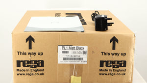 Box for a used Rega Planar 1 Turntable in a matt black finish showing Manual and PSU