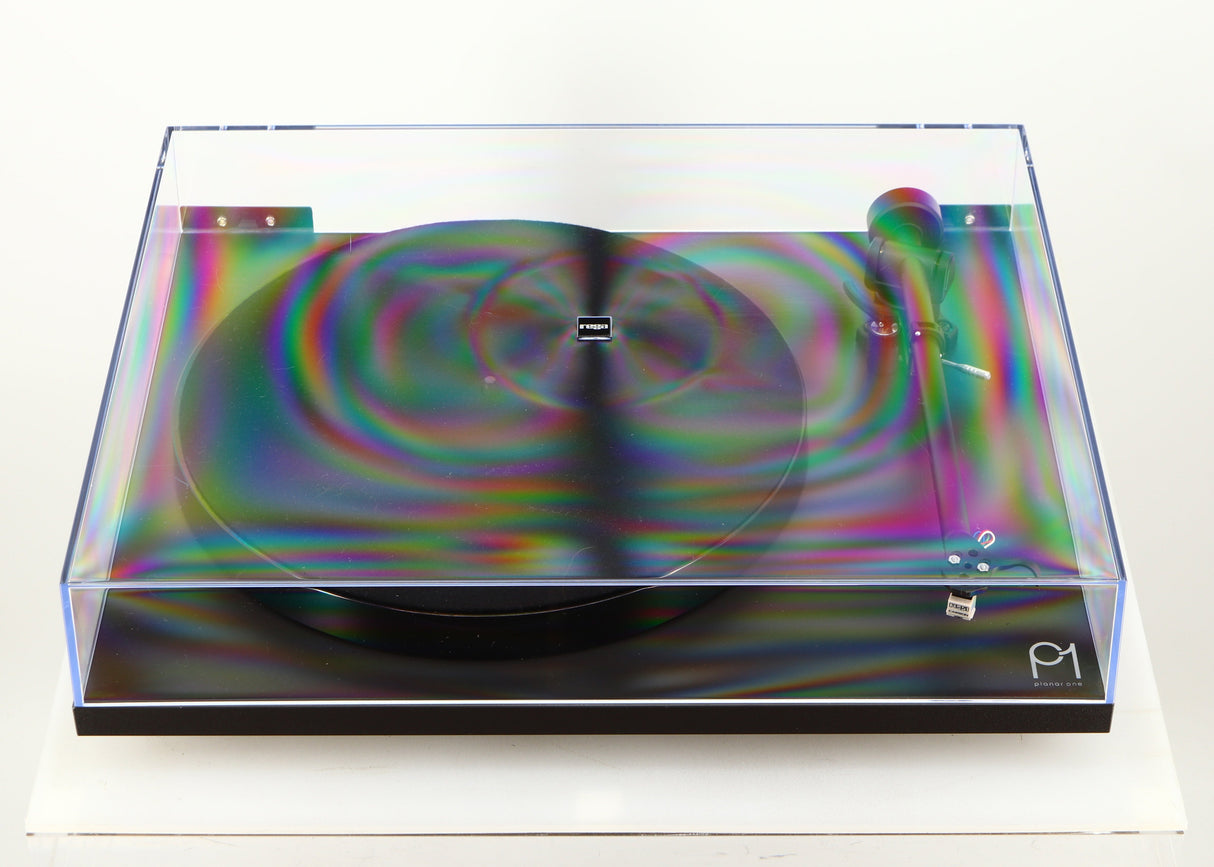 Front view of a used Rega Planar 1 Turntable in a matt black finish showing lid