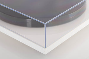 Front left corner of a used Rega Planar 1 Turntable in a White finish