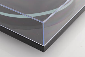 Front left corner of a used Rega Planar 2 Turntable in a Black finish