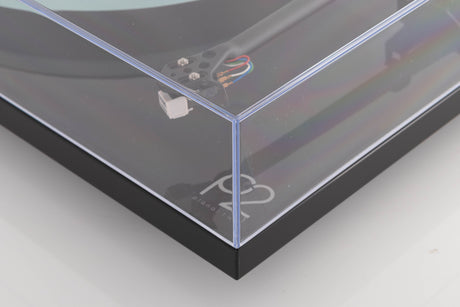 Front right corner of a used Rega Planar 2 Turntable in a Black finish