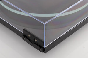 Rear left corner of a used Rega Planar 2 Turntable in a Black finish