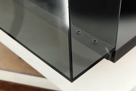Close up of a used Rega Planar 2 Turntable / 24V Upgraded / Exact Cartridge in a black finish showing some lid damage