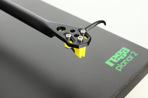 Close up of a used Rega Planar 2 Turntable / 24V Upgraded / Exact Cartridge in a black finish showing the cartridge