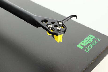 Close up of a used Rega Planar 2 Turntable / 24V Upgraded / Exact Cartridge in a black finish showing the cartridge