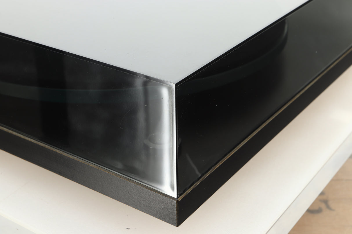 Front left corner of a used Rega Planar 2 Turntable / 24V Upgraded / Exact Cartridge in a black finish 