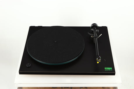 Front view of a used Rega Planar 2 Turntable / 24V Upgraded / Exact Cartridge in a black finish 
