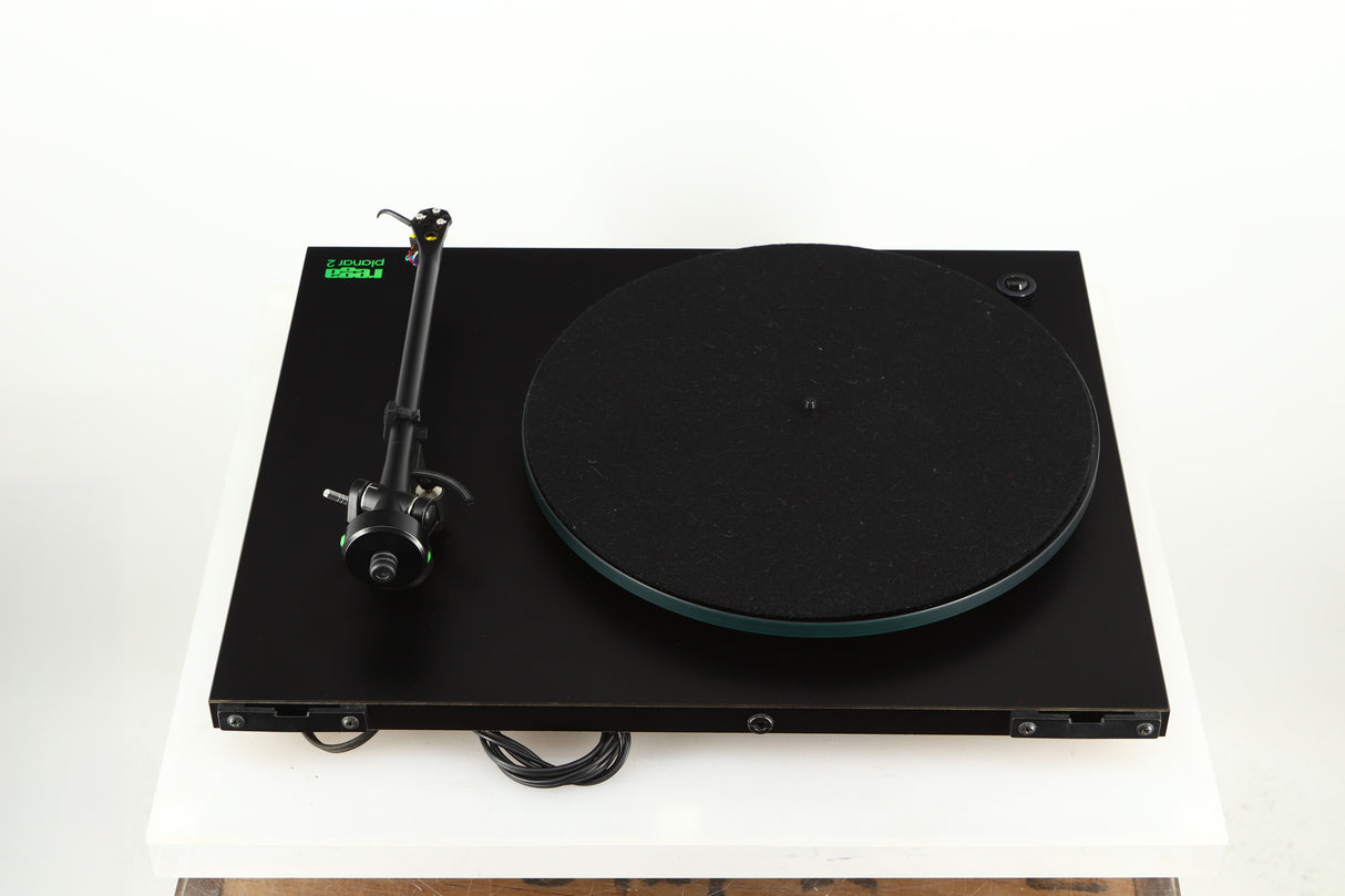 Rear view of a used Rega Planar 2 Turntable / 24V Upgraded / Exact Cartridge in a black finish 