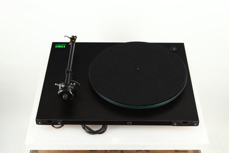Rear view of a used Rega Planar 2 Turntable / 24V Upgraded / Exact Cartridge in a black finish 