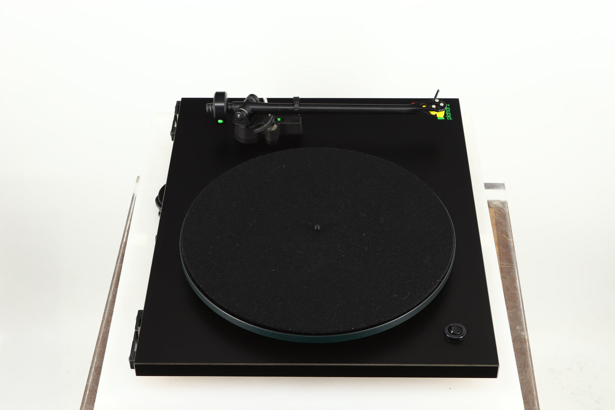 Left side view of a used Rega Planar 2 Turntable / 24V Upgraded / Exact Cartridge in a black finish 