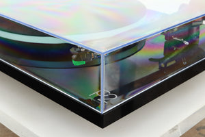 Front right corner of a used Rega Planar 2 Turntable / AT-VM95E Cartridge in a black finish
