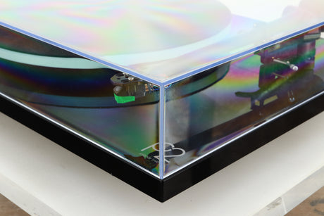 Front right corner of a used Rega Planar 2 Turntable / AT-VM95E Cartridge in a black finish