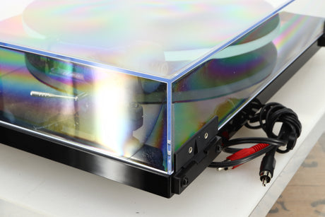 Rear right corner of a used Rega Planar 2 Turntable / AT-VM95E Cartridge in a black finish