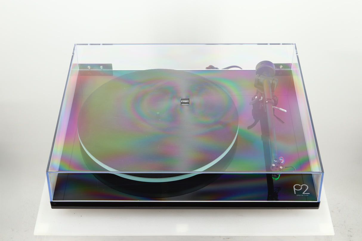 Top of a used Rega Planar 2 Turntable / AT-VM95E Cartridge in a black finish