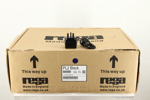 Box for a used Rega Planar 2 Turntable / AT-VM95EN Cartridge in a black finish showing PSU