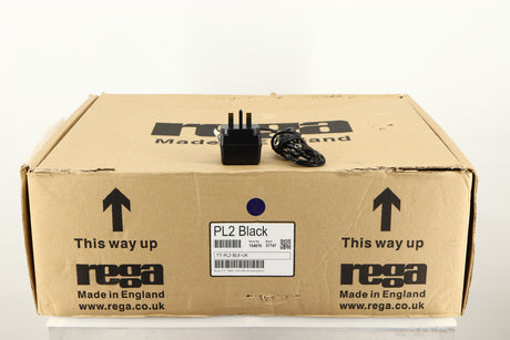 Box for a used Rega Planar 2 Turntable / AT-VM95EN Cartridge in a black finish showing PSU