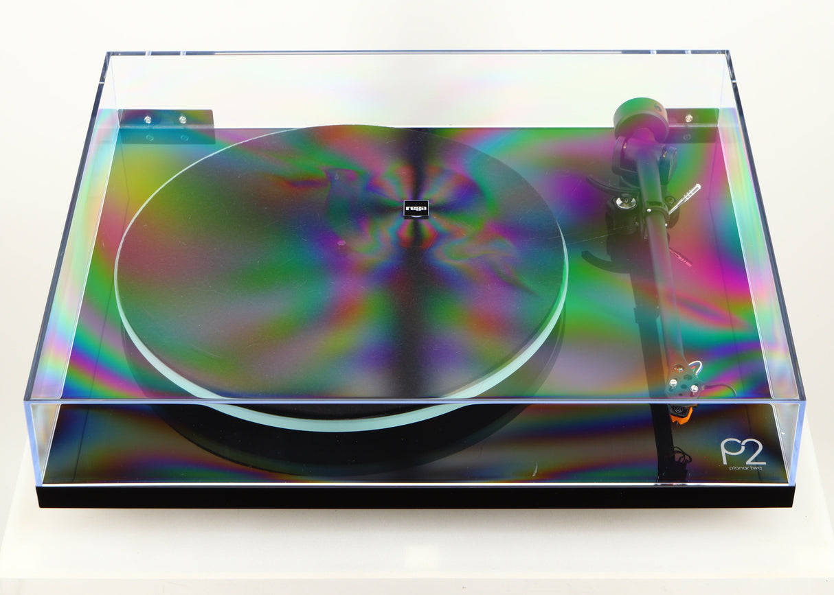 Front view of a used Rega Planar 2 Turntable / AT-VM95EN Cartridge in a black finish showing lid