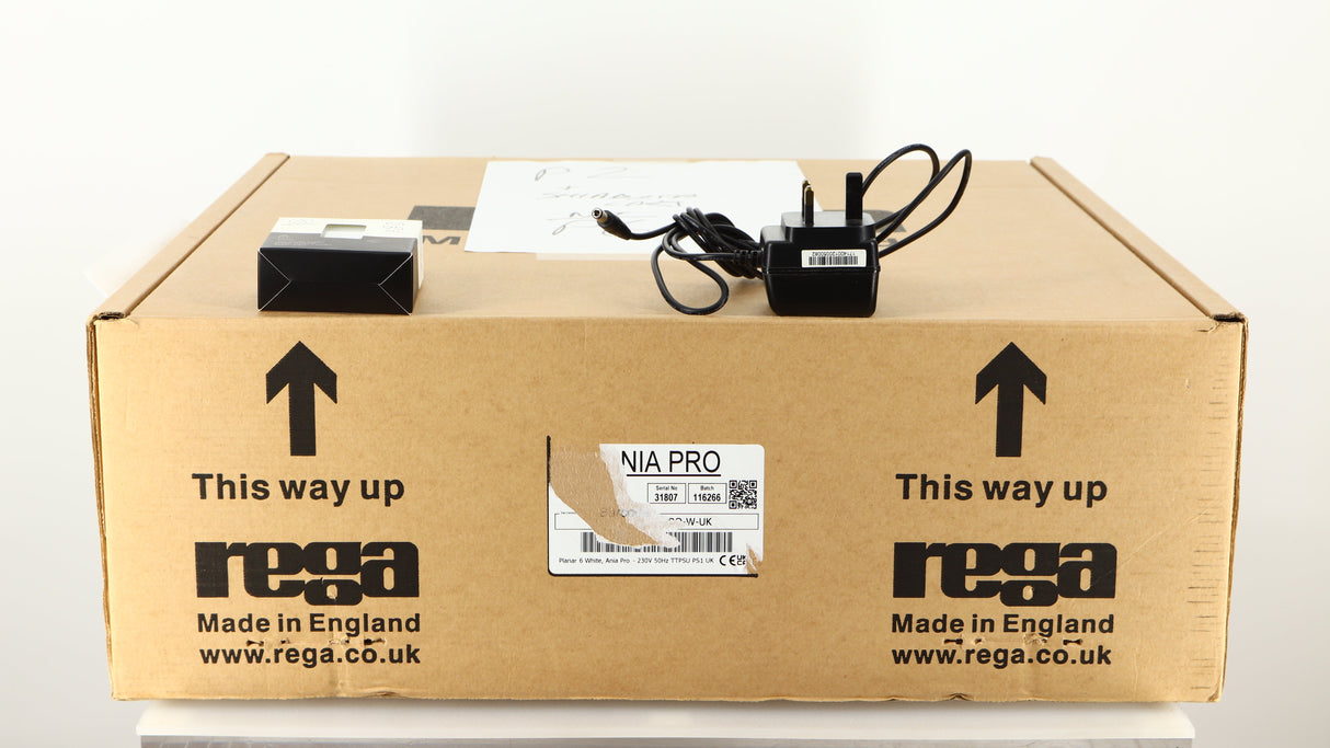 Box for a used Rega Planar 2 Turntable / AT-VM95SH Cartridge in a black finish showing PSU
