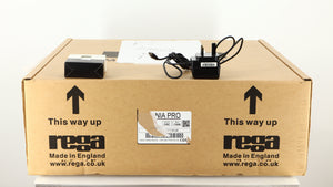 Box for a used Rega Planar 2 Turntable / AT-VM95SH Cartridge in a black finish showing PSU