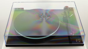 Top of a used Rega Planar 2 Turntable / AT-VM95SH Cartridge in a black finish showing lid