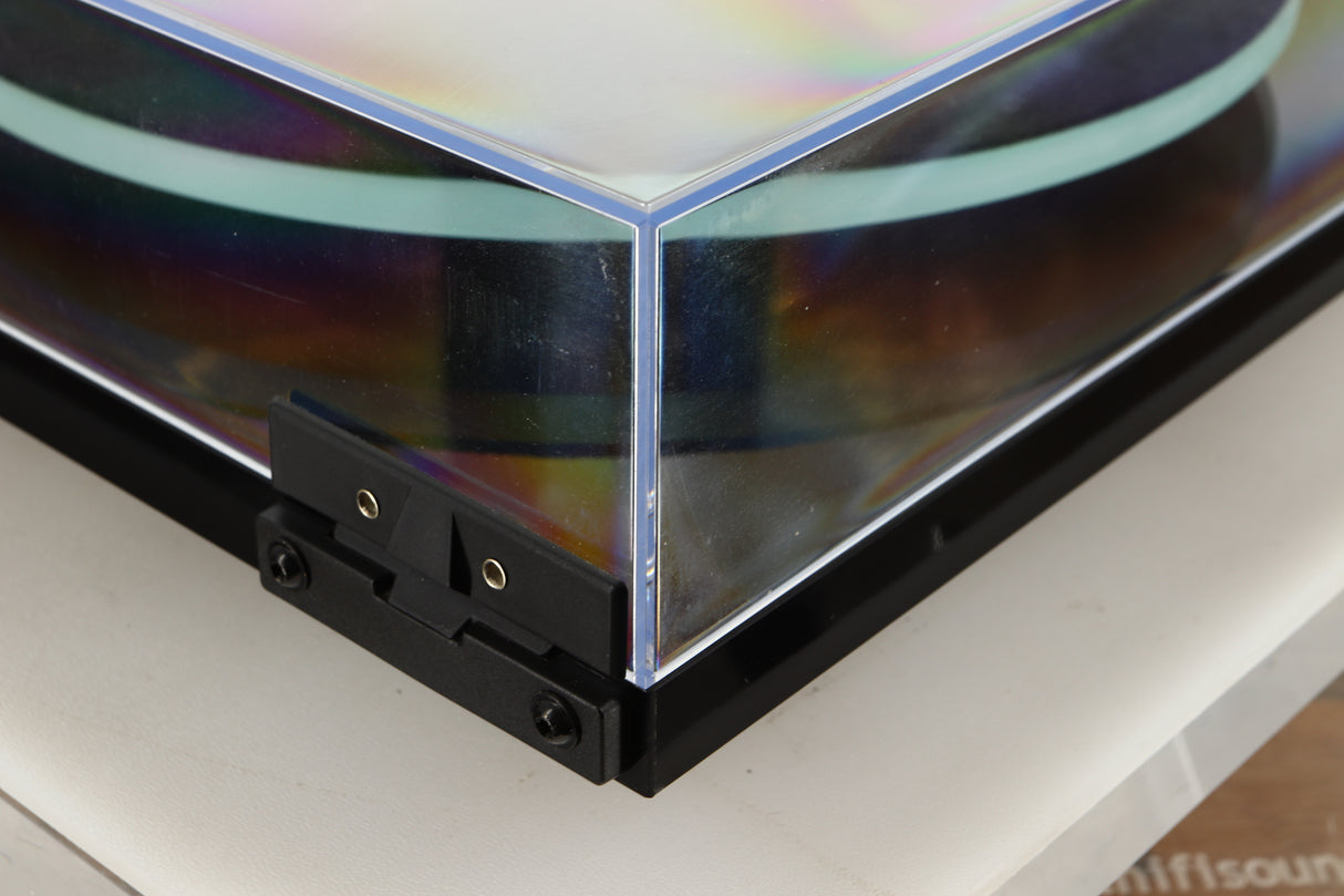 Rear left corner of a used Rega Planar 2 Turntable / AT-VM95SH Cartridge in a black finish